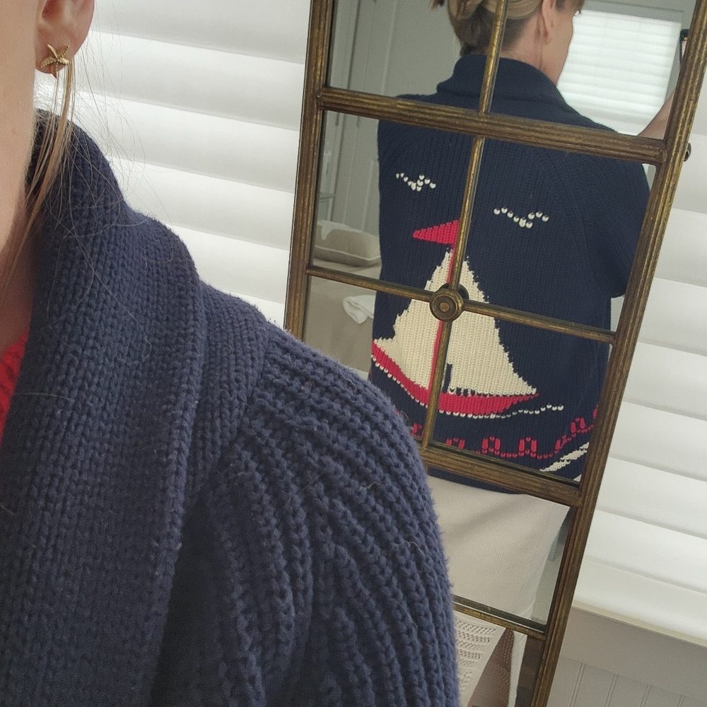 THE GREAT. Navy Sailboat Knit Cardigan with Cream and Red Accents - Picture 10 of 13